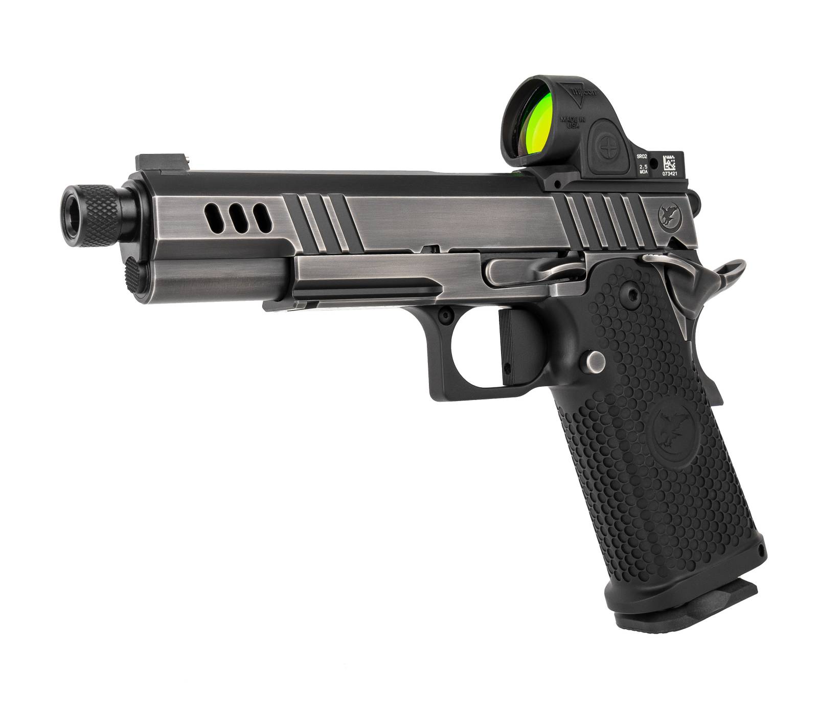 NIGHTHAWK CUSTOM 9MM PRESIDENT DOUBLE STACK SMOKED NITRIDE FINISH BLACK TREADED BARREL TRIJICON