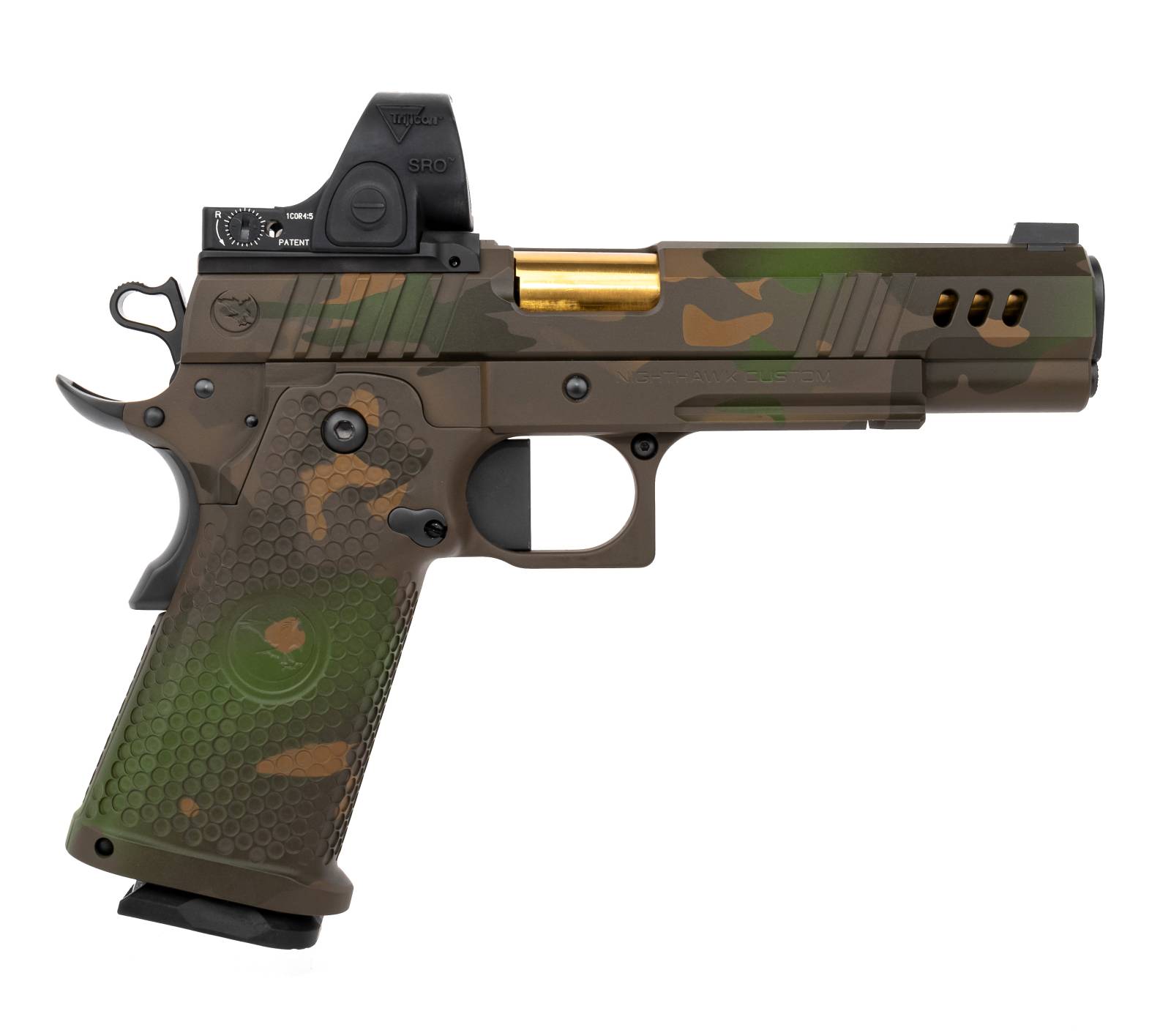 Nighthawk Custom 9mm President Double Stack Odg Multi Cam Finish With Gold Barrel And Trijicon 5796